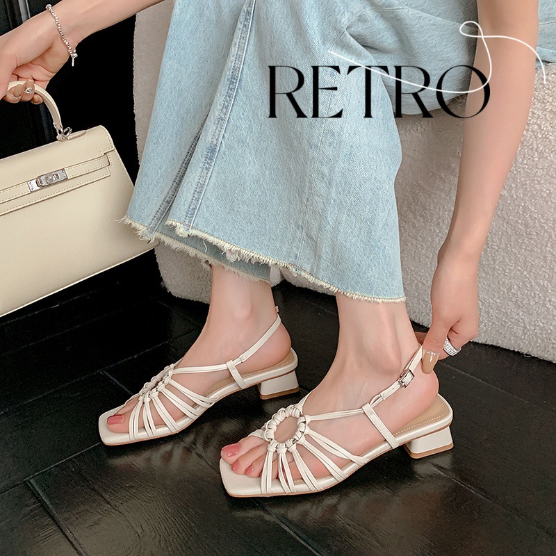 Sandal nữ mùa hè 2025 kiểu Pháp cổ điển, đế thấp, thiết kế đan lỗ vòng tròn, hở mũi hở gót — vàng, Màu trắng nhạt, bạc