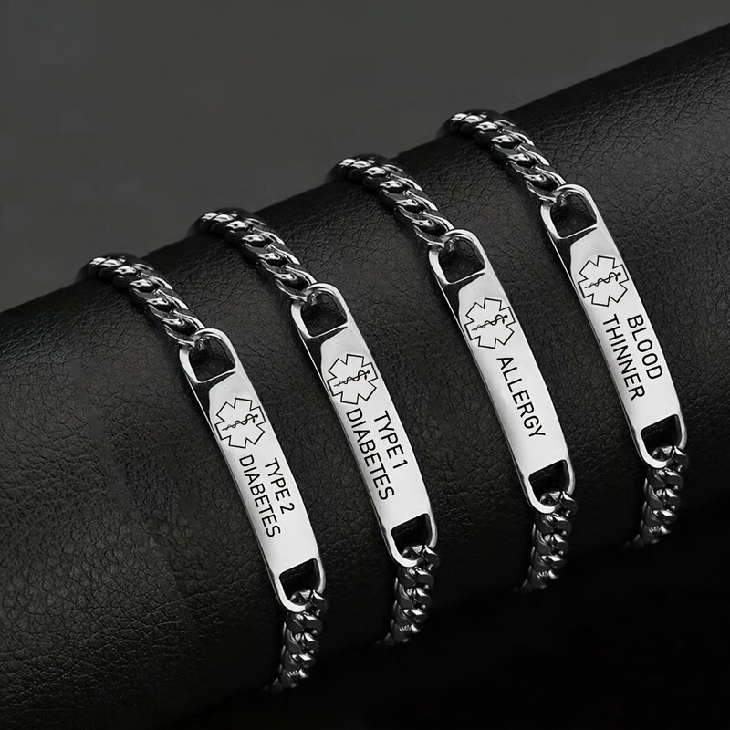 Stainless Steel Warning Bracelet with Medical Symbols and Disease Names, Unisex Health Warning Tag, Cross-Border