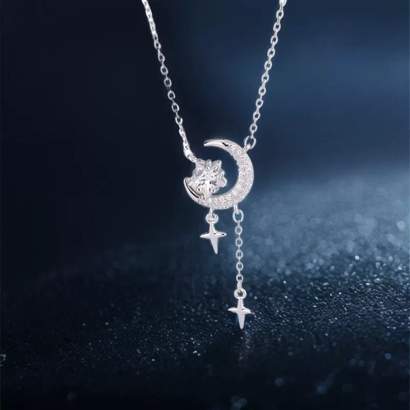 999足银星月浪漫项链女轻奢高级感四芒星流苏锁骨链小众设计项饰