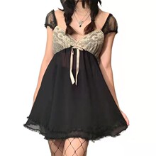 2022欧美蕾丝雪纺透视蝴蝶结连衣裙时尚优雅赫本风高腰显瘦