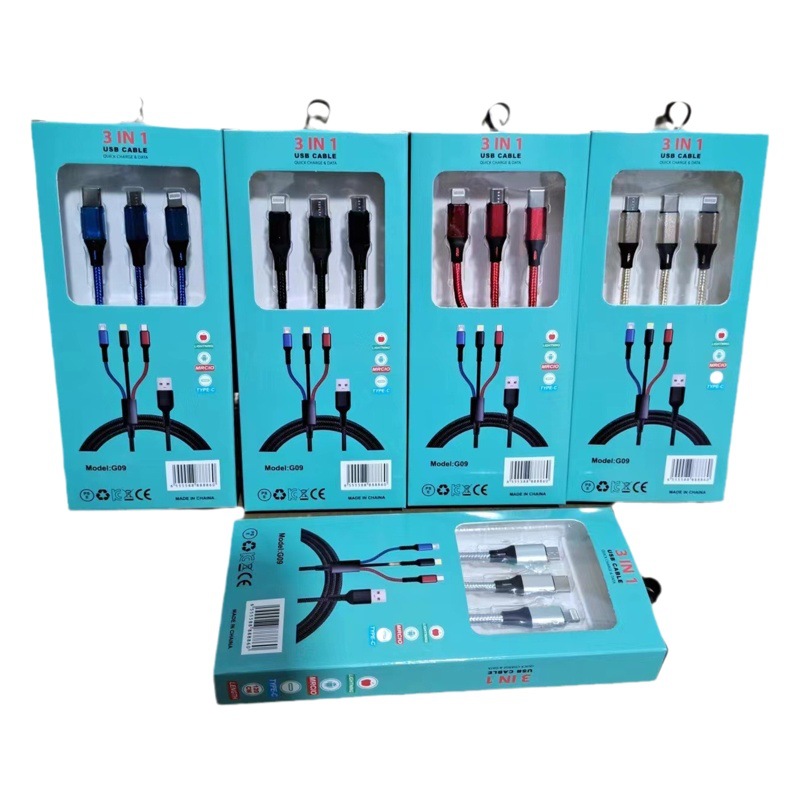 Trenzando un cable de datos de teléfono móvil de tres tiros 2A carga rápida 3 en 1 cable de carga de teléfono móvil logotipo pequeño regalo al por mayor
