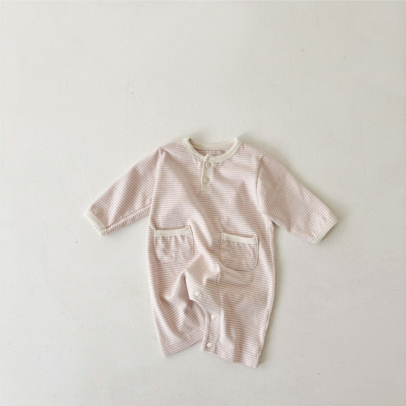 春秋款a类新生衣服婴儿软糯细条纹口袋连体衣宝宝长款包屁衣帽子|undefined