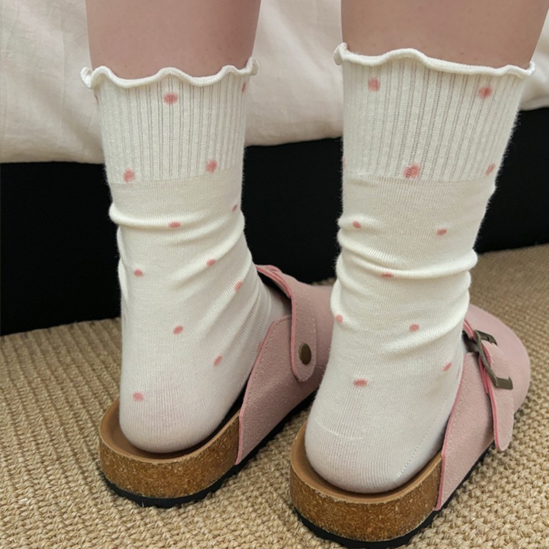春夏秋の女性用ミッドチューブ純綿エッジソックス、和風多用途水玉模様の女性用ロングチューブソックス、Zhuji|undefined