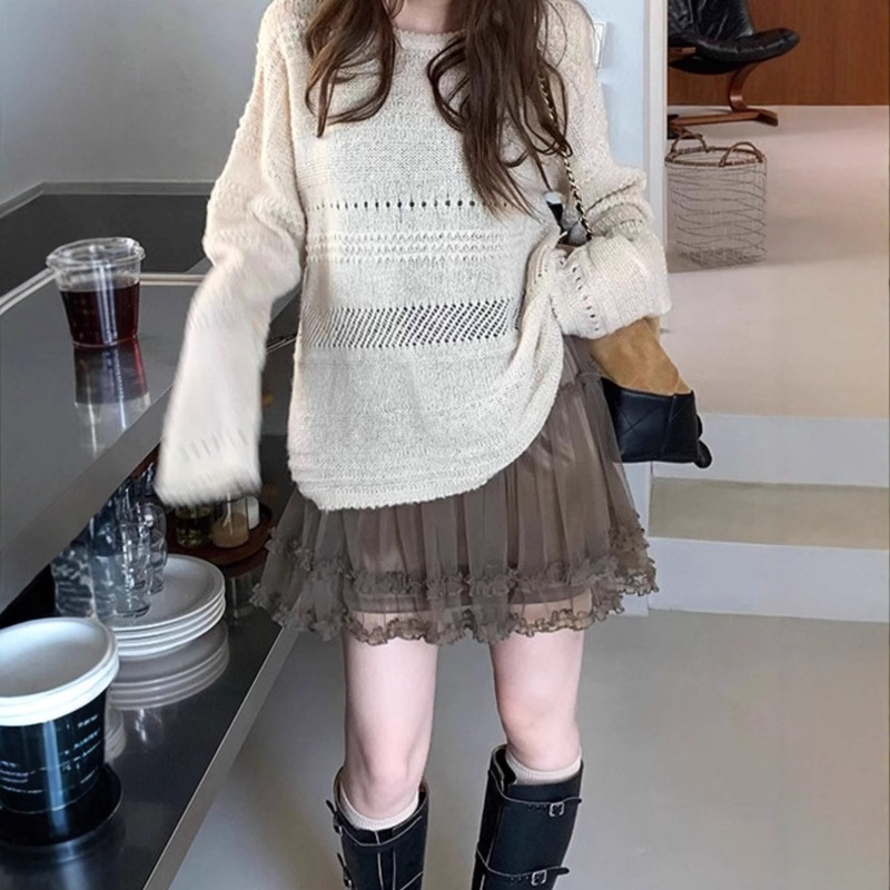 闲暇周末~马海毛设计感镂空提花圆领针织衫女秋宽松慵懒针织罩衫|undefined
