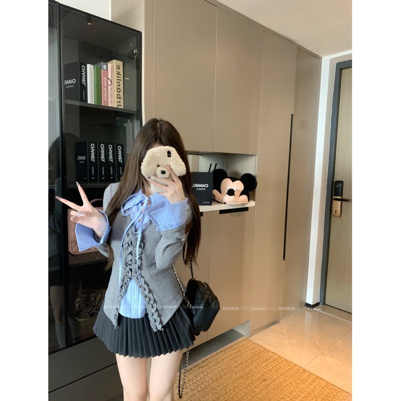 早秋新款法式复古气质小个子减龄假两件长袖拼接衬衫百褶裙两件套|undefined