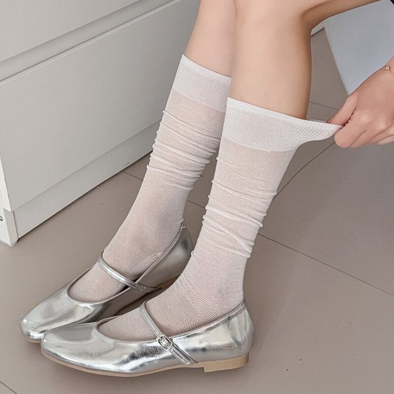 Summer Women's Sweat-Absorbent Ultra-Thin Transparent Calf Socks, White Sheer Half-Thin Socks, Jk Combed Cotton Mid-Calf Socks