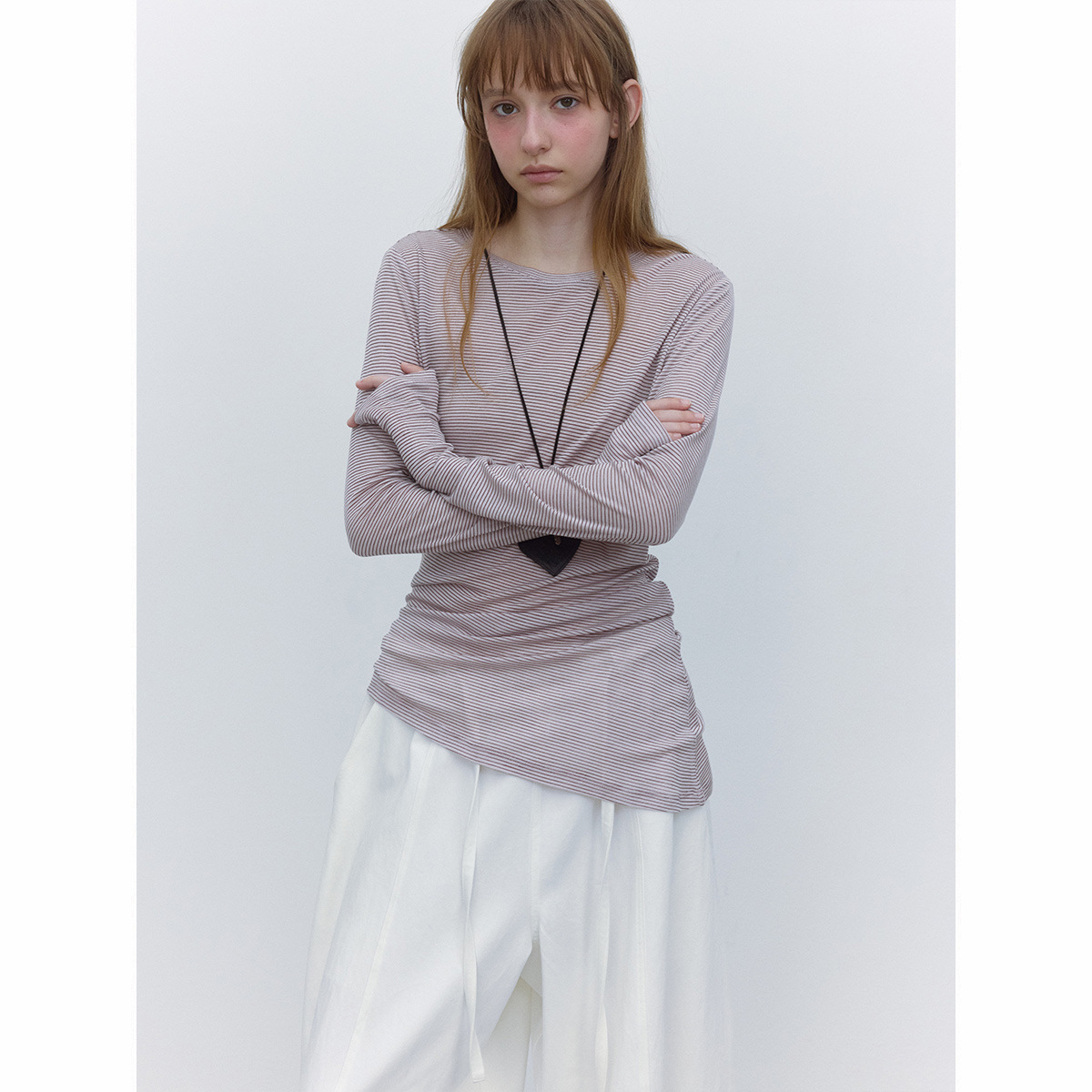 【玳禾】秋季新款休闲圆领薄款透感天丝羊毛条纹打底上衣女H9284