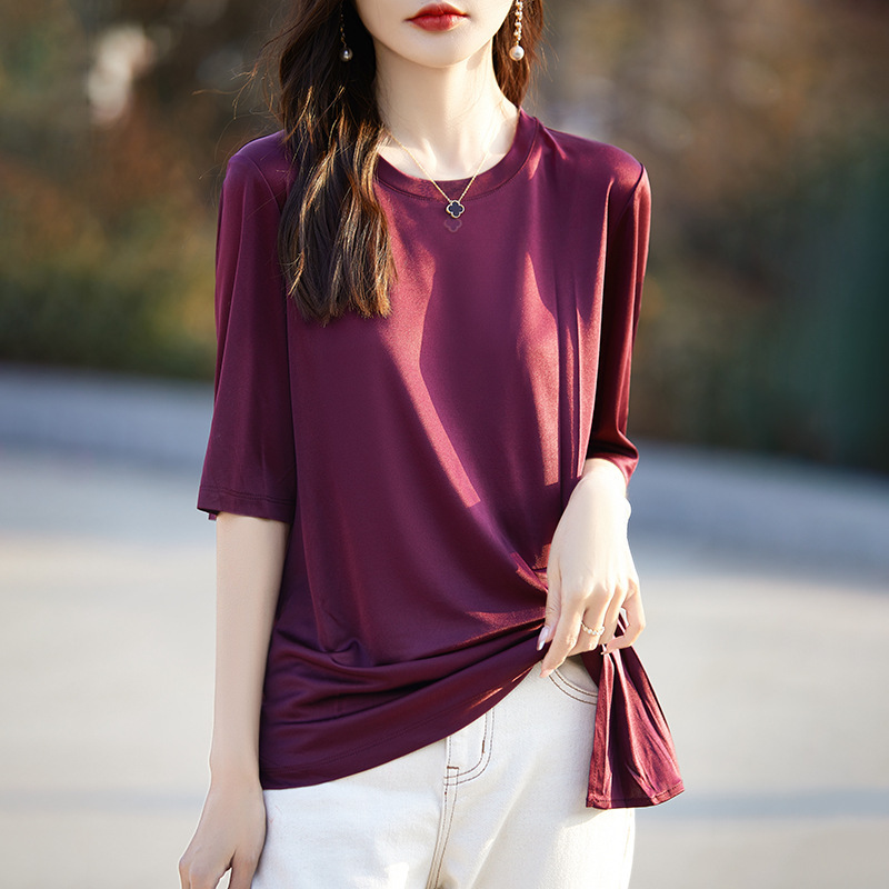High-End Summer New Style Acetate Satin Short-Sleeved Women's Round-Neck T-Shirt Loose Solid Color Hem Pleated Drapey Top High-End Summer New Style Acetate Satin Short-Sleeved Women's Round-Neck T-Shirt Loose Solid Color Hem Pleated Drapey Top