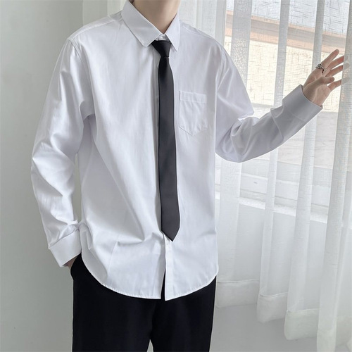Spring and Autumn White Men's Loose Trendy Hong Kong Style Long-Sleeve Plain Color Shirt for Students Casual Slouchy Hoodlum Top