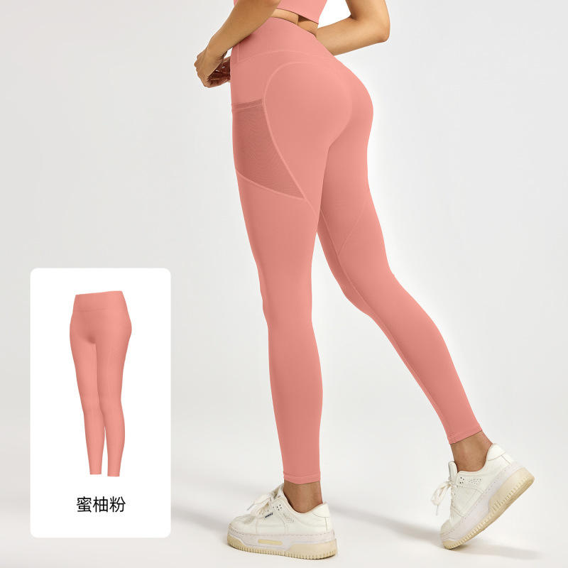 Juyitang メッシュサイドポケットスポーツフィットネスパンツランニング弾性ハイウエストヒップリフティングヨガパンツ女性の薄いスタイル|undefined