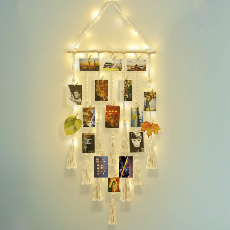 Photo Display Wall with Lace Wall Hanging, Bohemian Room Bedroom Decoration, Photo Frame Collage Board with Lights and Clips Photo Display Wall with Lace Wall Hanging, Bohemian Room Bedroom Decoration, Photo Frame Collage Board with Lights and Clips