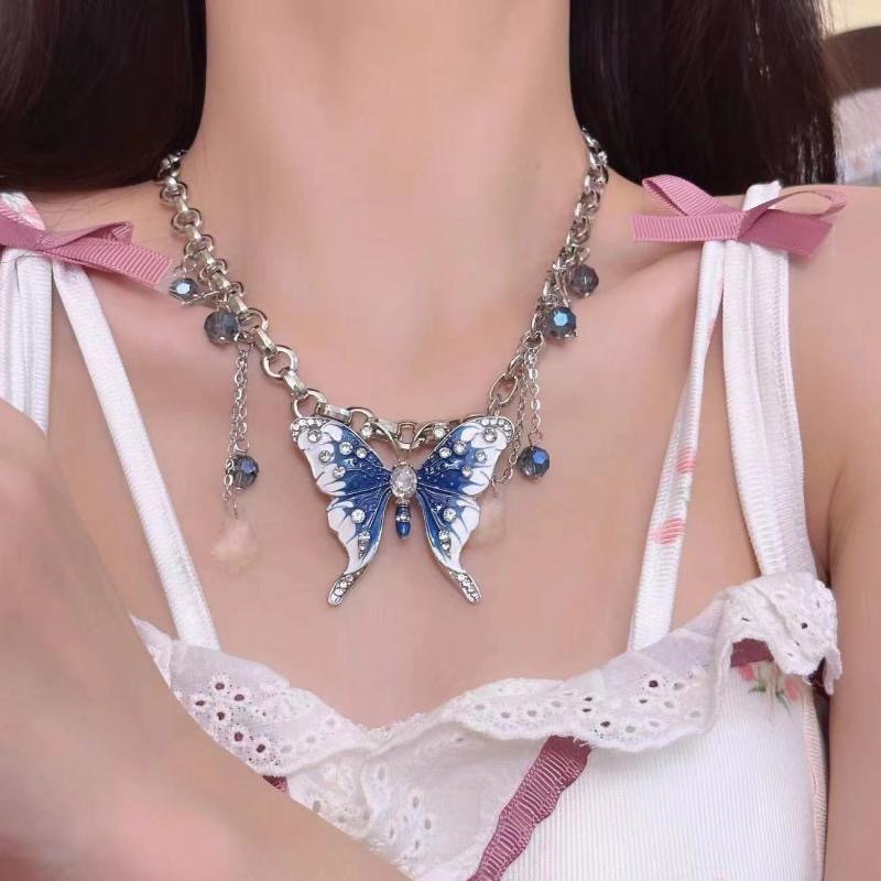 New Blue Oil Drop Butterfly Tassel Necklace for Women, Light Luxury Fashion Versatile Choker, Sweet Cool Spicy Girl Style Collarbone Chain Trendy