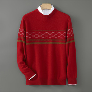 New Year Red Thickened 100 Pure Wool Sweater Men's Crewneck Color-matching Autumn and Winter Loose Casual Cashmere Knitted Base Sweater