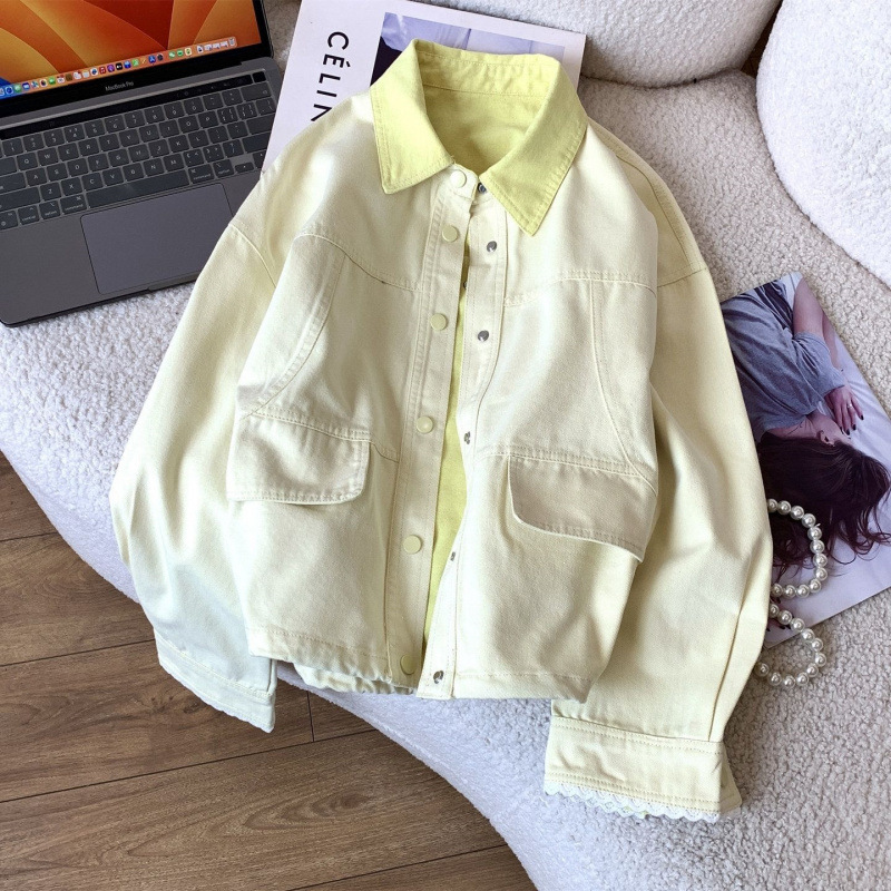 Lapel short jacket for petite women with lace trim, 2026 spring denim jacket, casual Korean style, preppy look Lapel short jacket for petite women with lace trim, 2026 spring denim jacket, casual Korean style, preppy look