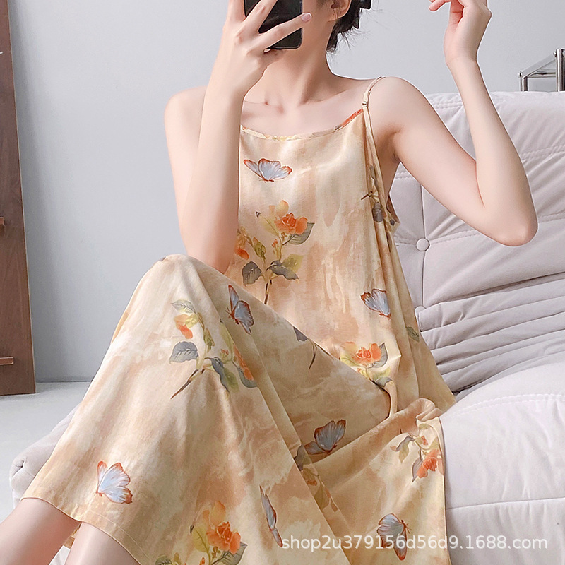 Cotton Silk Nightgown for Women, Summer Printed Thin Rayon Strap Dress, Can Be Worn Outside, Beach Vacation High-End Dress