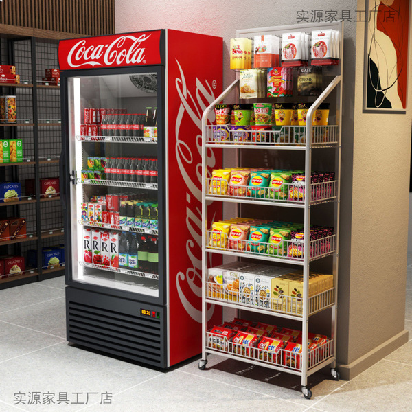 Convenience store supermarket shelves Set up a mobile shelf display…