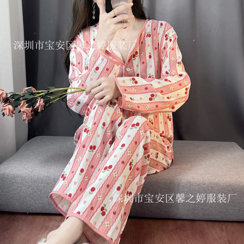 工厂外贸打包春秋睡衣女云朵棉长袖卡通小翻领开衫家居服套可外穿