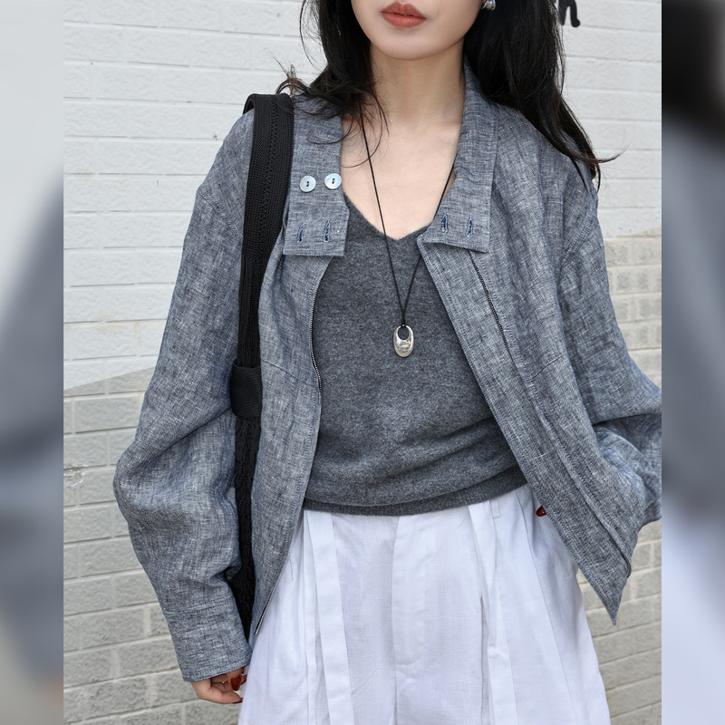 High-End 100% Pure Linen Yarn-Dyed Jacket for Women, New Spring Style, Loose Silhouette, Fashionable Short Top High-End 100% Pure Linen Yarn-Dyed Jacket for Women, New Spring Style, Loose Silhouette, Fashionable Short Top