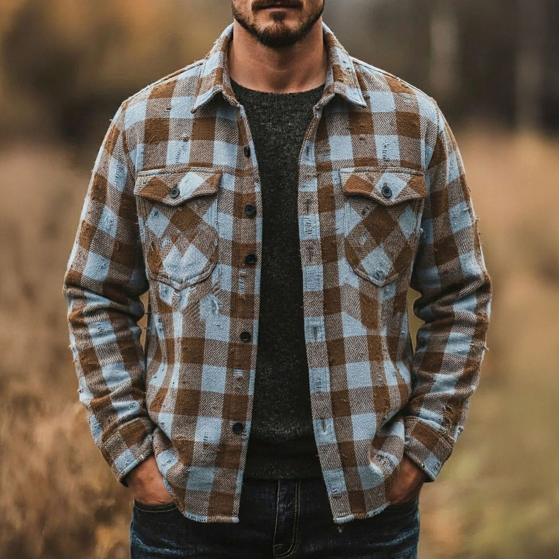 外贸跨境男装 欧美破洞磨毛休闲衬衫 秋冬长袖经典格子衬衣A0701