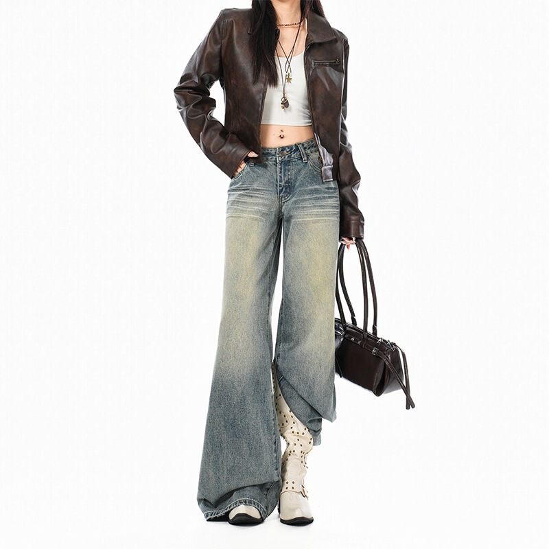 Relaxed and stylish｜Classic denim｜American retro distressed versatile wide-leg straight jeans for women