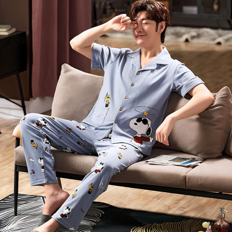 Pijama de algodón 100% de primavera y verano de los hombres pantalones de manga corta cardigan Delgado de los hombres de primavera y otoño de manga corta ropa para el hogar