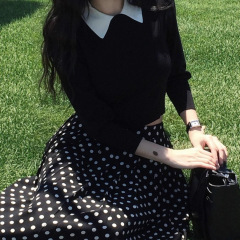 黑色长袖针织衫女早秋修身设计感小众显瘦简约百搭休闲翻领上衣