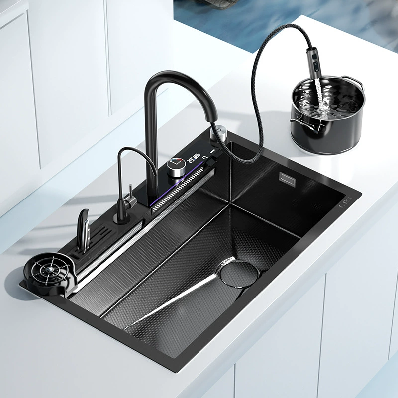 Nano waterfall digital display large single trough 304 stainless steel sink kitchen household dishwasher pool thickened