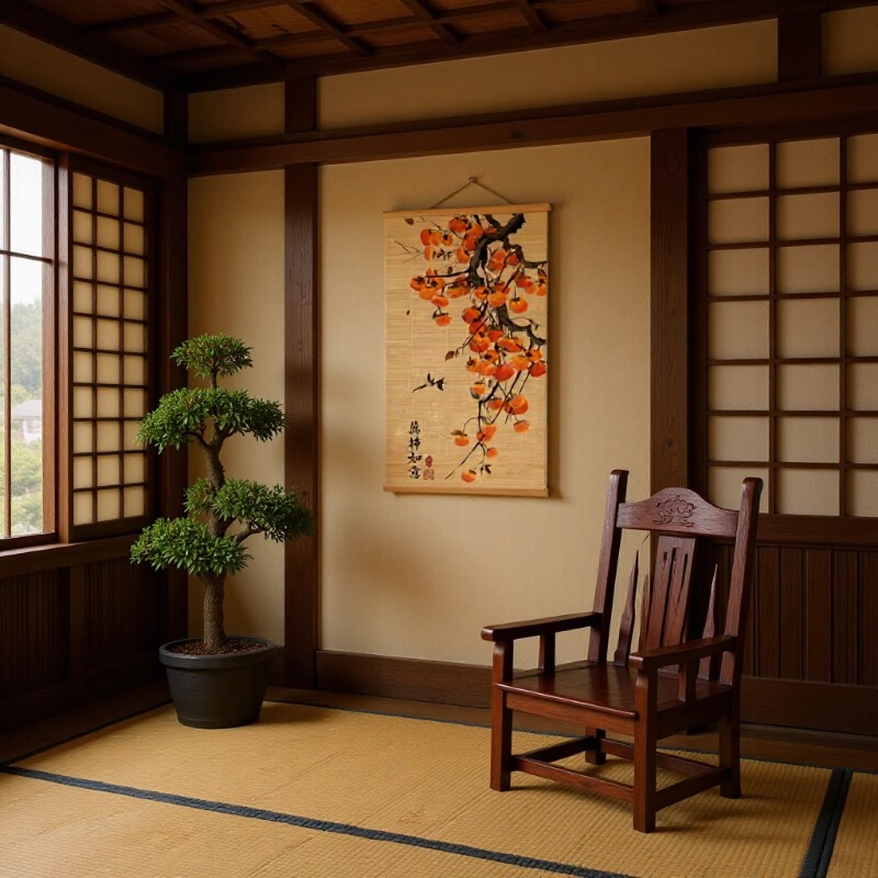 Bamboo Roller Blinds with Printed Persimmon Design for Entrance Tea Room, Chinese-Style Tea Room Partition, Home Sunshade Curtain Decoration, Retro Zen