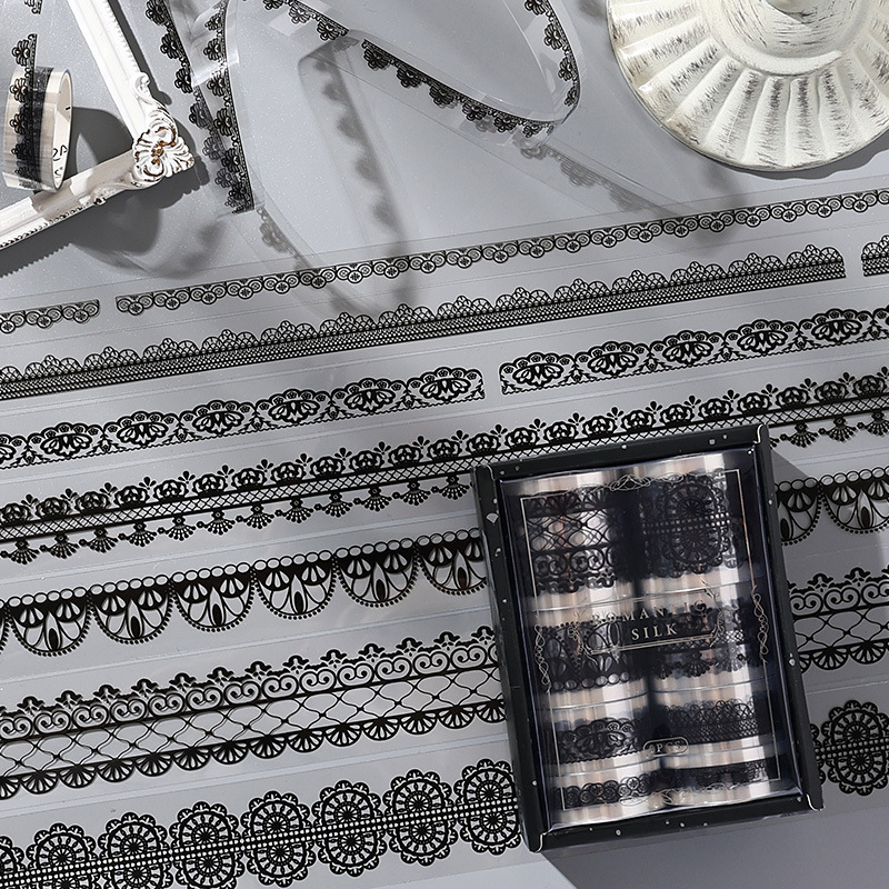 Conjunto de cinta adhesiva transparente de lenguaje de seda romántico, blanco y negro, dos colores, cinta de mano de encaje retro transfronteriza opcional