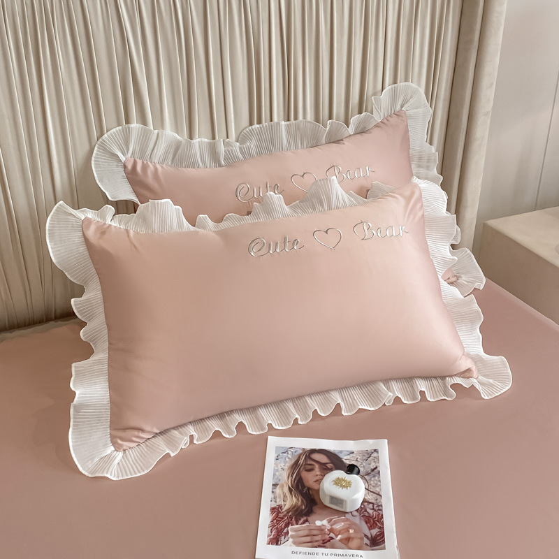 Funda de almohada de seda de hielo de verano estilo princesa, un par de fundas de almohada de encaje lavables, estilo fresco de verano 48cm x 74cm