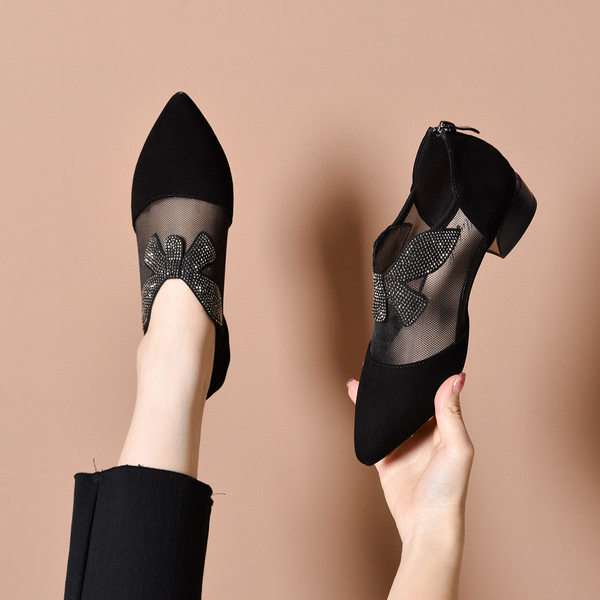 Giày sandal nữ mũi nhọn da thật lưới đính đá gót vuông 3 cm thoáng khí — Đen--3CM