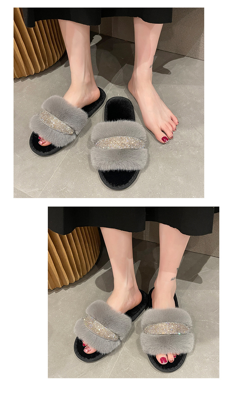 Pantofole piatte in cristallo di nuova pelliccia per il commercio estero con diamanti Moda donna alta e bassa in lana con apertura a una linea in cotone transfrontaliero_voghion.com