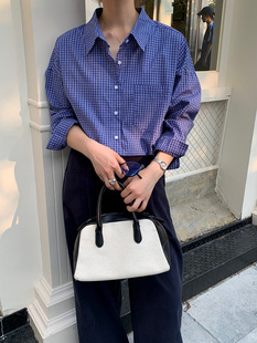 [Oufan] miu fashion blue plaid shirt for women 2025 four seasons new loose long-sleeved top 2500
