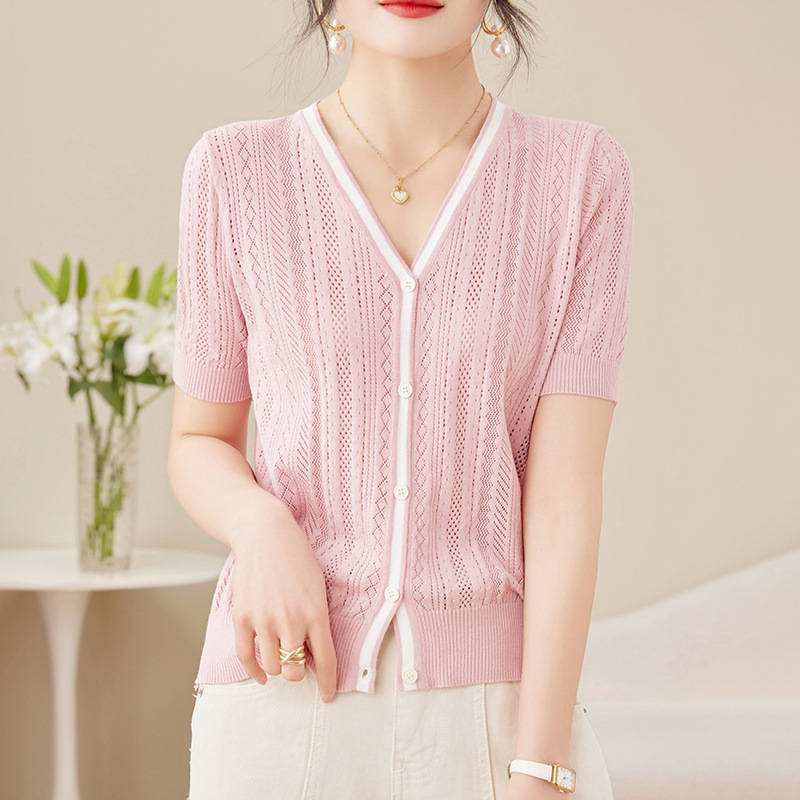 Cross-Border 2025 V-Neck Short-Sleeve Cardigan for Women, Ice Silk Hollow-Out Color-Block Knitwear, Thin Versatile Button-Up Summer Base Layer