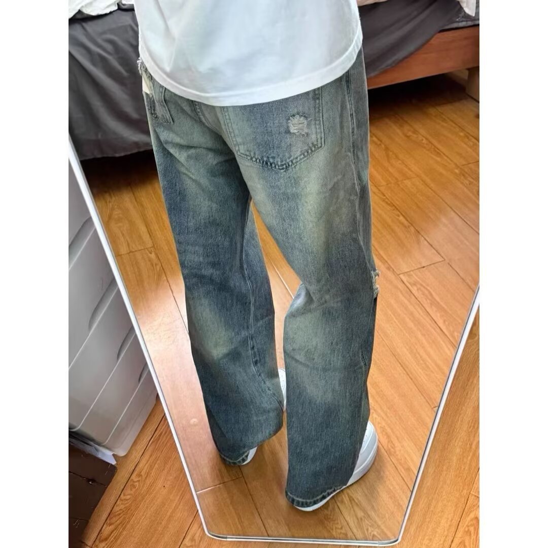 Jeans juveniles agujeros para hombres 2026 nuevos pantalones retro callejero delgado pantalones casuales recto para hombres