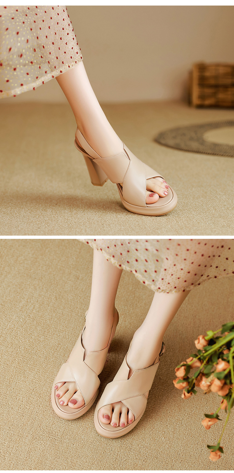 Sandal cao gót nữ quai ngang hở ngón da cừu cao cấp gót 10 cm — Màu đen chi tiết 8
