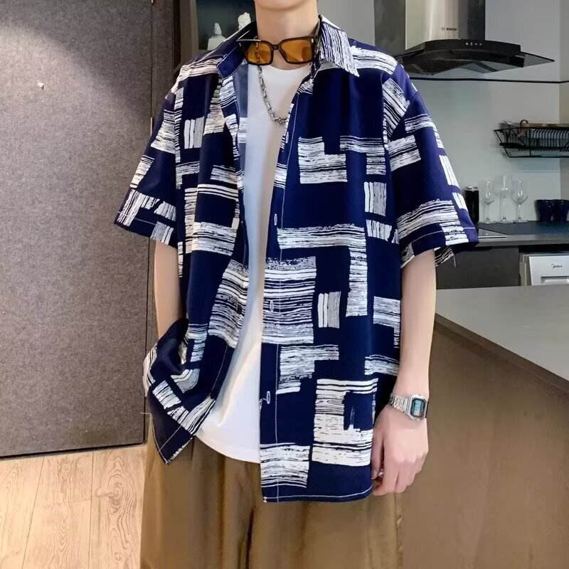 Ice Silk Thin Short-Sleeve Shirt for Men with Print, Drapey and Breathable, Hawaiian Beach Style, Loose Graffiti Print Shirt