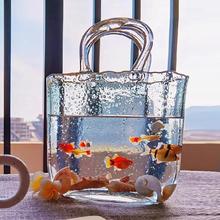 網紅透明手提袋包包玻璃花瓶魚缸客廳插花籃輕奢北歐裝飾桌面擺件