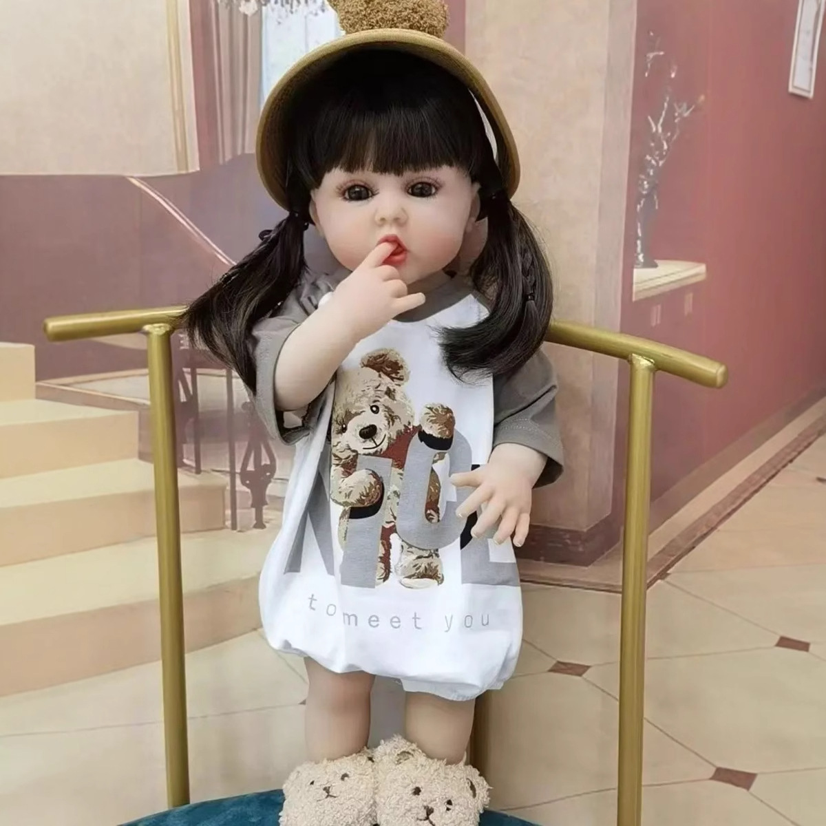 Npk55cm completo pegamento simulación reborn muñeca comiendo dedo bebé TikTok suministro en vivo entrega de una sola pieza