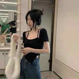 纯欲风假两件短袖T恤女2022新款夏季别致设计感辣妹显瘦短款上衣