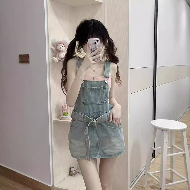 Denim Strap Culottes Women's Summer 2024 New All-match Sweet and Spicy Short Short Waist Hip Dress