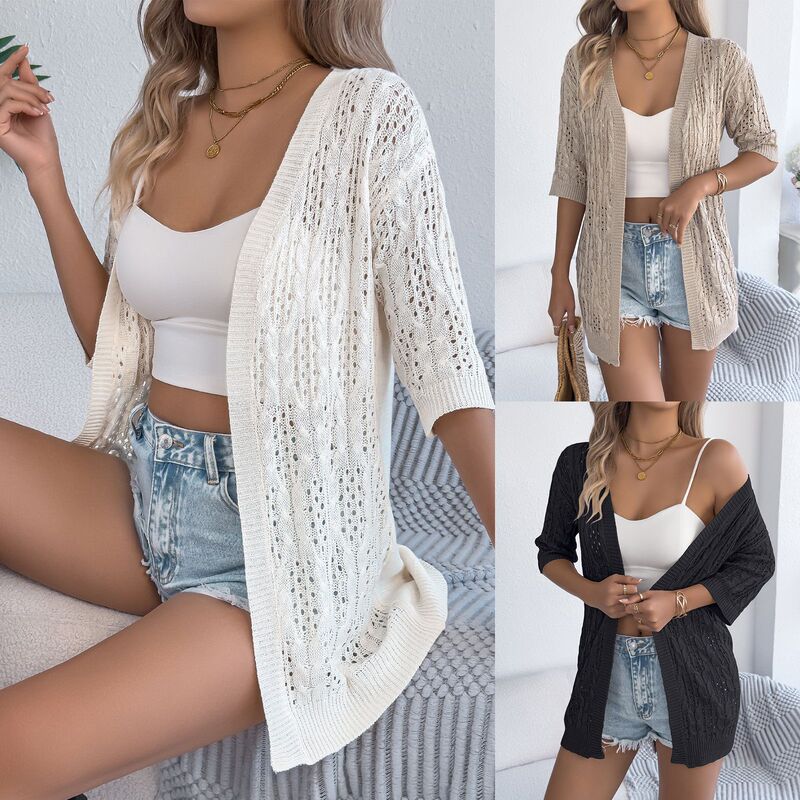 Real Shot of Spring and Summer European and American Casual Solid Color Hollow-Out Sleeve Knitwear Mid-Length Cardigan Amazon Cross-Border Women's Clothing Real Shot of Spring and Summer European and American Casual Solid Color Hollow-Out Sleeve Knitwear Mid-Length Cardigan Amazon Cross-Border Women's Clothing