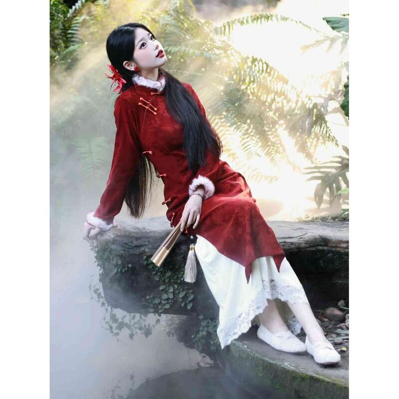 New Chinese Style National Style Red Improved Cheongsam Dress Retro Elegant Skirt for Important Occasions 2025 Winter
