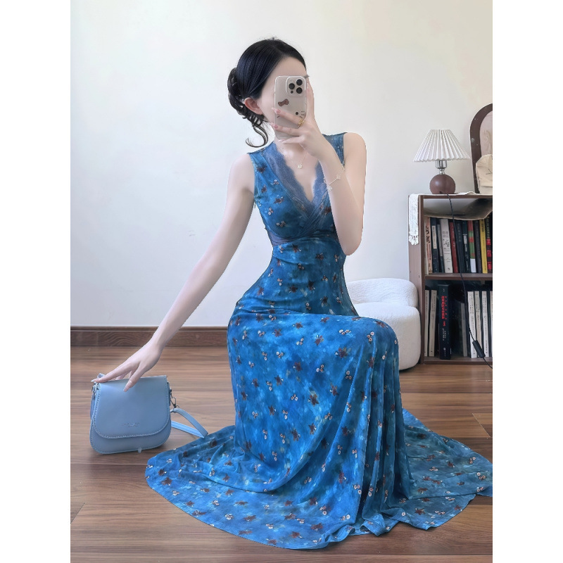 夏季流行爆款法式气质女神范轻奢高级感蕾丝拼接蓝色碎花连衣裙子|undefined