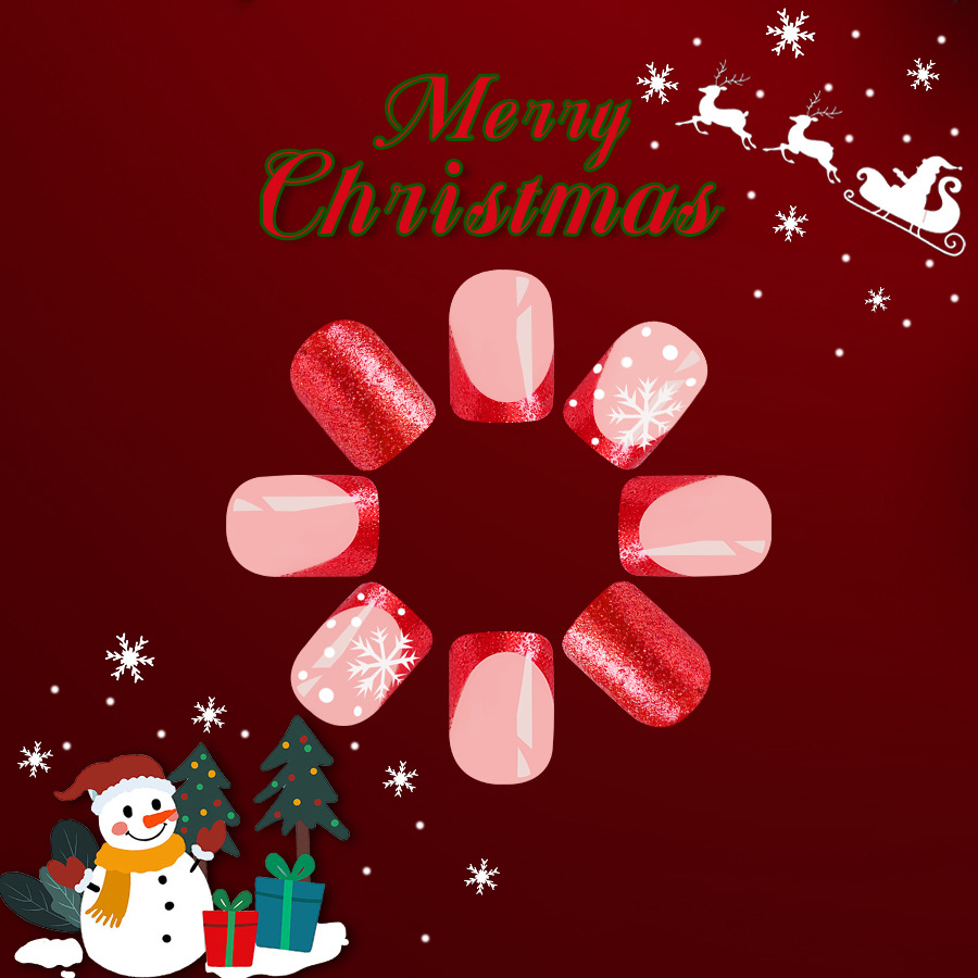 Short Glossy Square Armor 2024 New Christmas Glitter Snowflake Big Red French Nail Art Patch 24_voghion.com