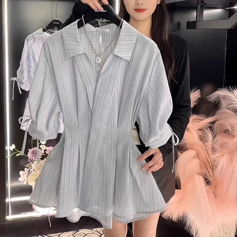 Heavy-Duty Rhinestone Blue Striped Women's Shirt 2025 Summer New V-Neck Waist-Slimming Cuff Drawstring Shirt