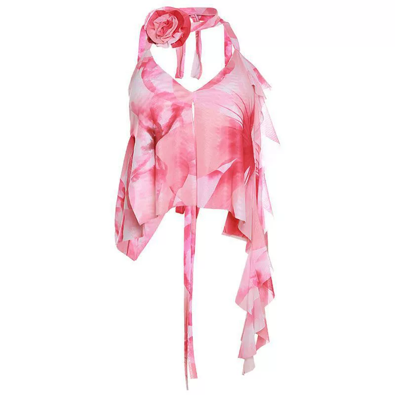 Летний пляжный майка-бюстье без рукавов, tie-dye фуксия, задняя петля на шейке, легкая 2024
