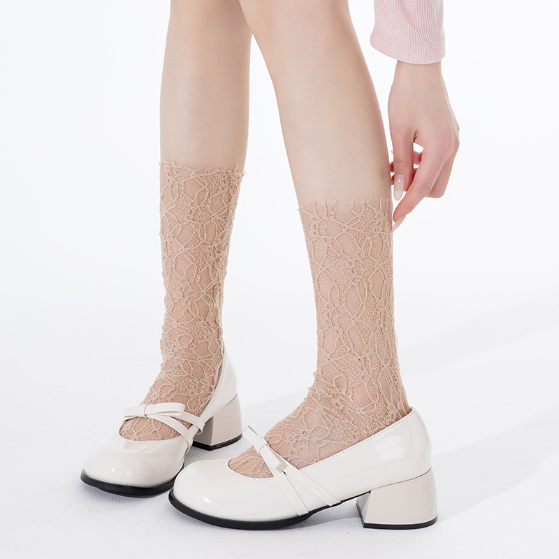 Calcetines de tubo de pila de malla fina de verano Calcetines de encaje blanco lolita para mujer Calcetines de malla estilo ballet miu