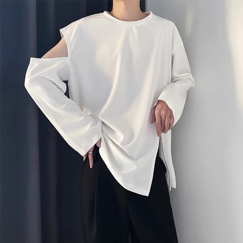 Minimalist Style Men's Clothing with a High-End Feel, Ripped Trendy Off-Shoulder Top, Spring and Autumn Long-Sleeve T-Shirt with Unique Design