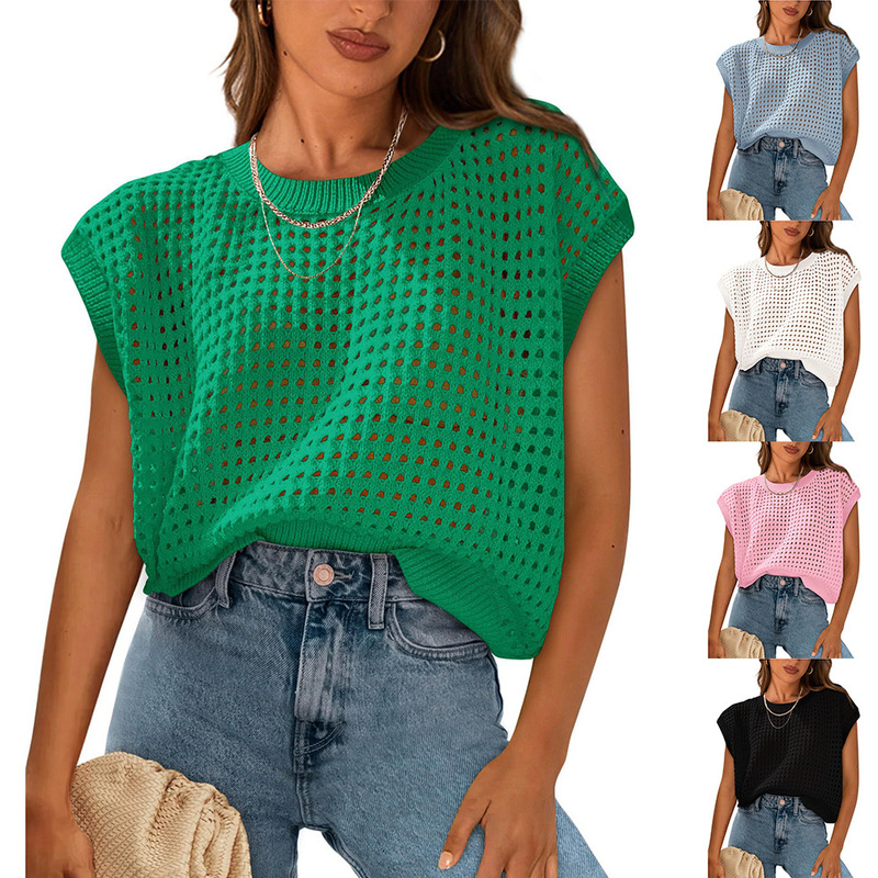 2025 Summer New Cross-border European and American Women's Clothing Amazon Women's Crewneck Hollow-out Sunscreen Knitted Sweater Blouse